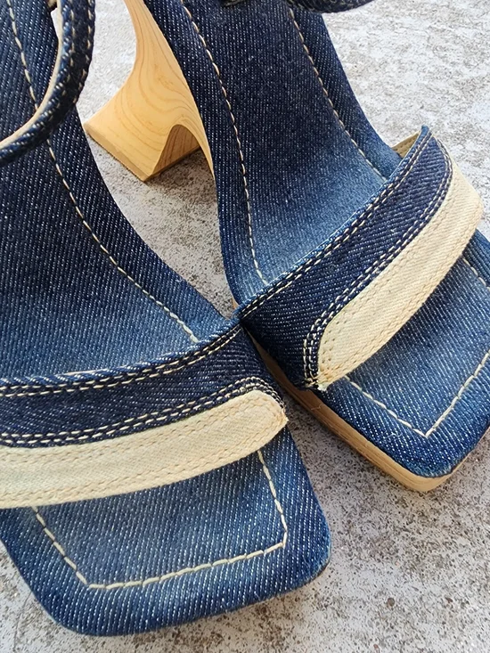 Vintage Y2K Splash Denim Platform Unique Cutout Heel Platform Sandals, Sz 6 - Picture 6 of 10